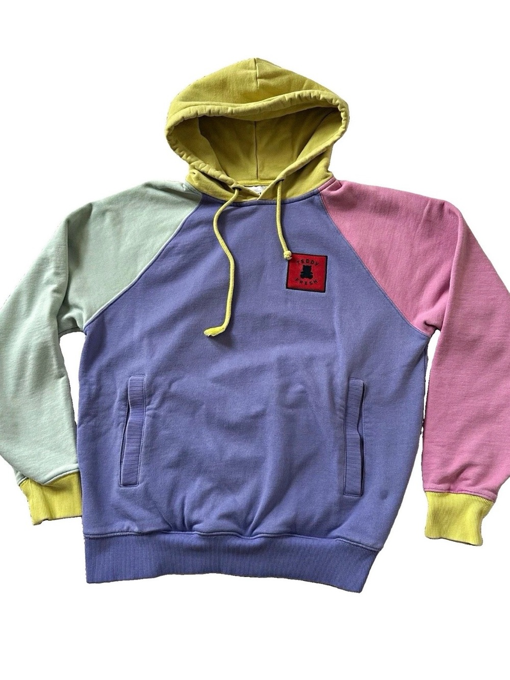 Teddy Fresh Colorblock Pullover Hoodie Multicolor S-Fleece Cotton Pockets Y2K